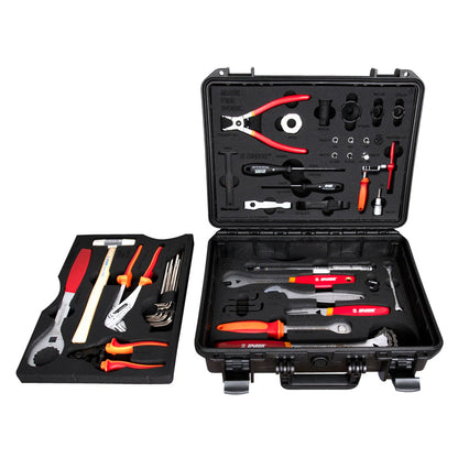 Unior BMX Tool Kit 1600BMX hard case open with foam-cradled wrenches, drivers, sockets, and chain tool inside