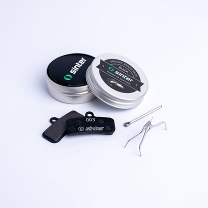 Sinter Black 003 organic brake pad pair with aluminum tin, retaining pin and spring clip for Shimano Saint and Zee
