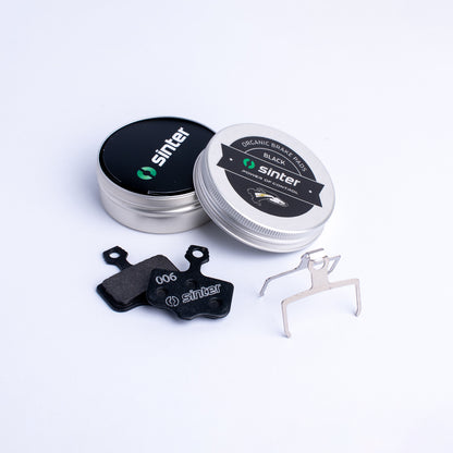 Sinter Model 006 black organic disc brake pads with retention spring and aluminium tin, Avid fitment