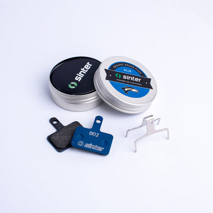 Sinter Blue s530 Model 002 organic brake pad pair with tin and stainless retaining spring, Shimano B Type set