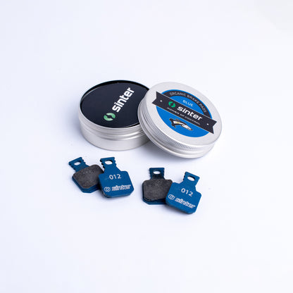 Sinter Model 012 Magura blue organic brake pads with branded aluminum tin packaging labelled Organic Brake Pads Blue