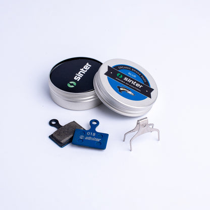 Sinter Blue 018 organic brake pads with stainless spring clip and aluminum tin, Shimano K Type fit