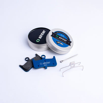 Sinter Model 023 organic disc brake pads in blue compound for Hayes Dominion A4, with aluminium tin, pin and spring