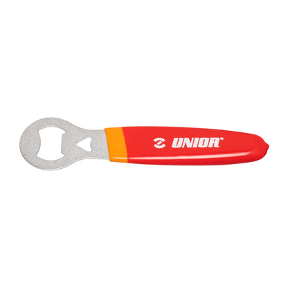 Unior Bottle Opener With Handle 45/2DP, red and orange grip with silver opener head and Unior logo