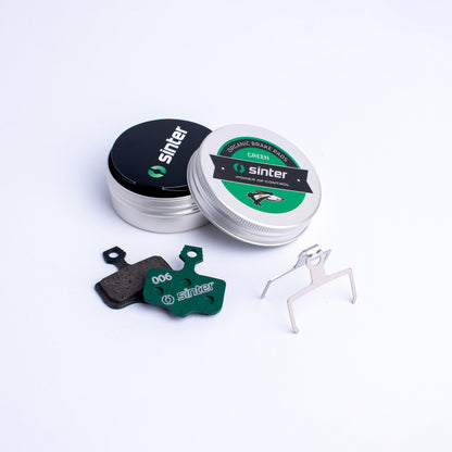 Sinter Model 006 green organic disc brake pads with retention spring and aluminium tin, Avid race fitment