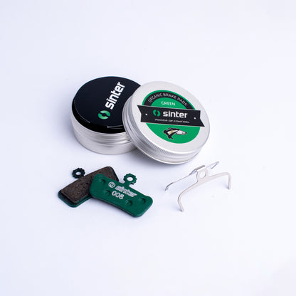 Sinter Green s008 organic disc brake pads with tin and spring clip, for SRAM G2, Guide and Trail calipers