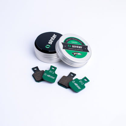Sinter Model 012 Magura green organic brake pads with branded aluminum tin packaging labelled Organic Brake Pads Green