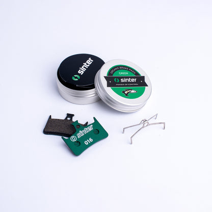 Sinter Model 016 green organic disc brake pads with retention spring and aluminium tin, Hope fitment