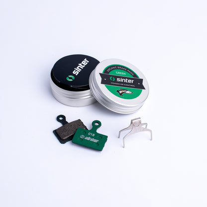 Sinter Green 018 organic brake pads with stainless spring clip and aluminum tin, Shimano K Type fit