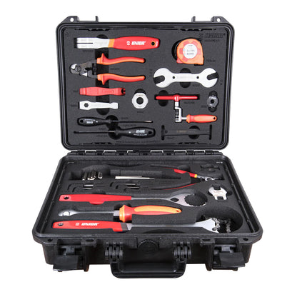 Unior Home Kit 1600HOMEKIT-US open hard case with bicycle tools fitted in foam, pliers, wrenches, screwdrivers, tape measure inside