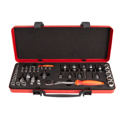Unior Master Bits and Sockets Set, red metal case open to show ratchet, bits and chrome sockets in black foam