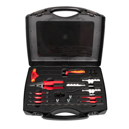 Master Wheel Building Kit 1754 open in its black case, foam-cradled spoke gauges, tension tools, and ratchets