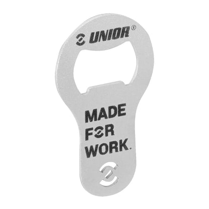 Unior Mini Bottle Opener 45/2A, silver keychain-size opener engraved with the Made for Work tagline