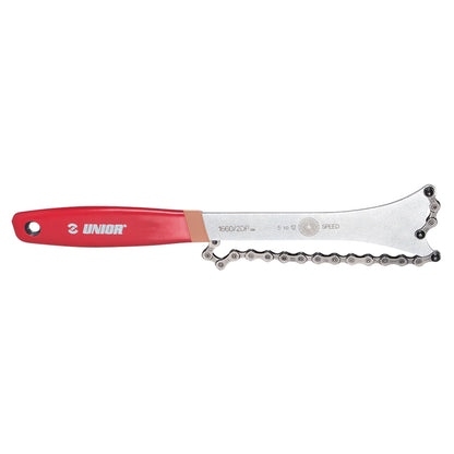 Unior Multispeed Chainwhip 1660/2DP-US, red-handled cassette removal tool with chain section for 5 to 12-speed sprockets