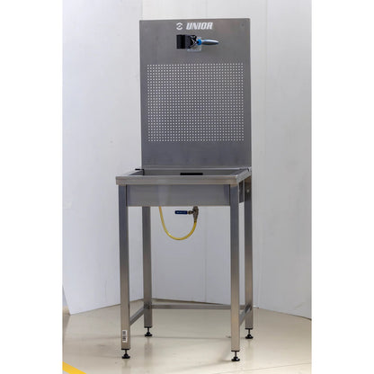 Unior Stainless Steel Suspension Sink 990SIN, full workshop wash station with perforated back panel, tap, and basin