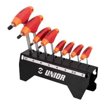 Unior T-handle hex wrench set on a wall-mount holder, eight chrome keys labelled 2, 2.5, 3, 4, 5, 6, 8 and 10 mm