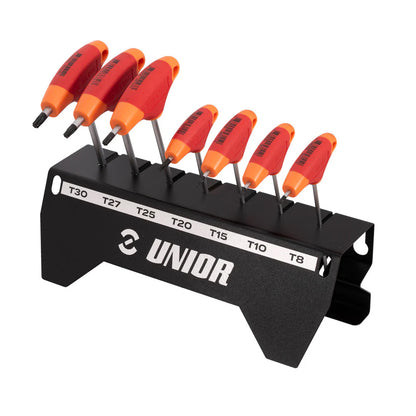 Unior T-handle TX Wrench Set, seven red Torx T-handles from T8 to T30 in a black wall-mount holder stamped UNIOR