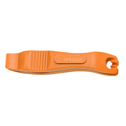 Unior 1657 tire lever in orange, single moulded plastic lever with spoke-hook end and grip-ribbed shaft