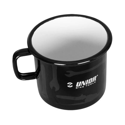 Unior Bike Tools enameled coffee mug in black with white interior and white Unior Bike Tools logo