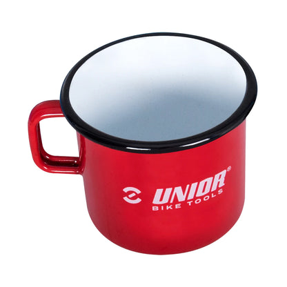 Unior Bike Tools enameled coffee mug in red with black rim, white interior and white logo on the side