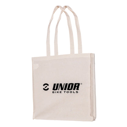 Unior Bike Tools reusable cotton tote bag in natural canvas with the Unior Bike Tools logo printed on the front