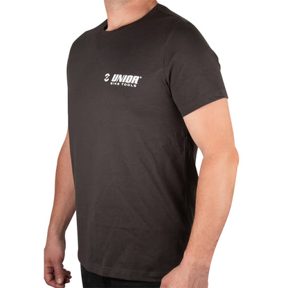 Unior Bike Tools Euro t-shirt in charcoal worn by a male model, white Unior Bike Tools chest logo