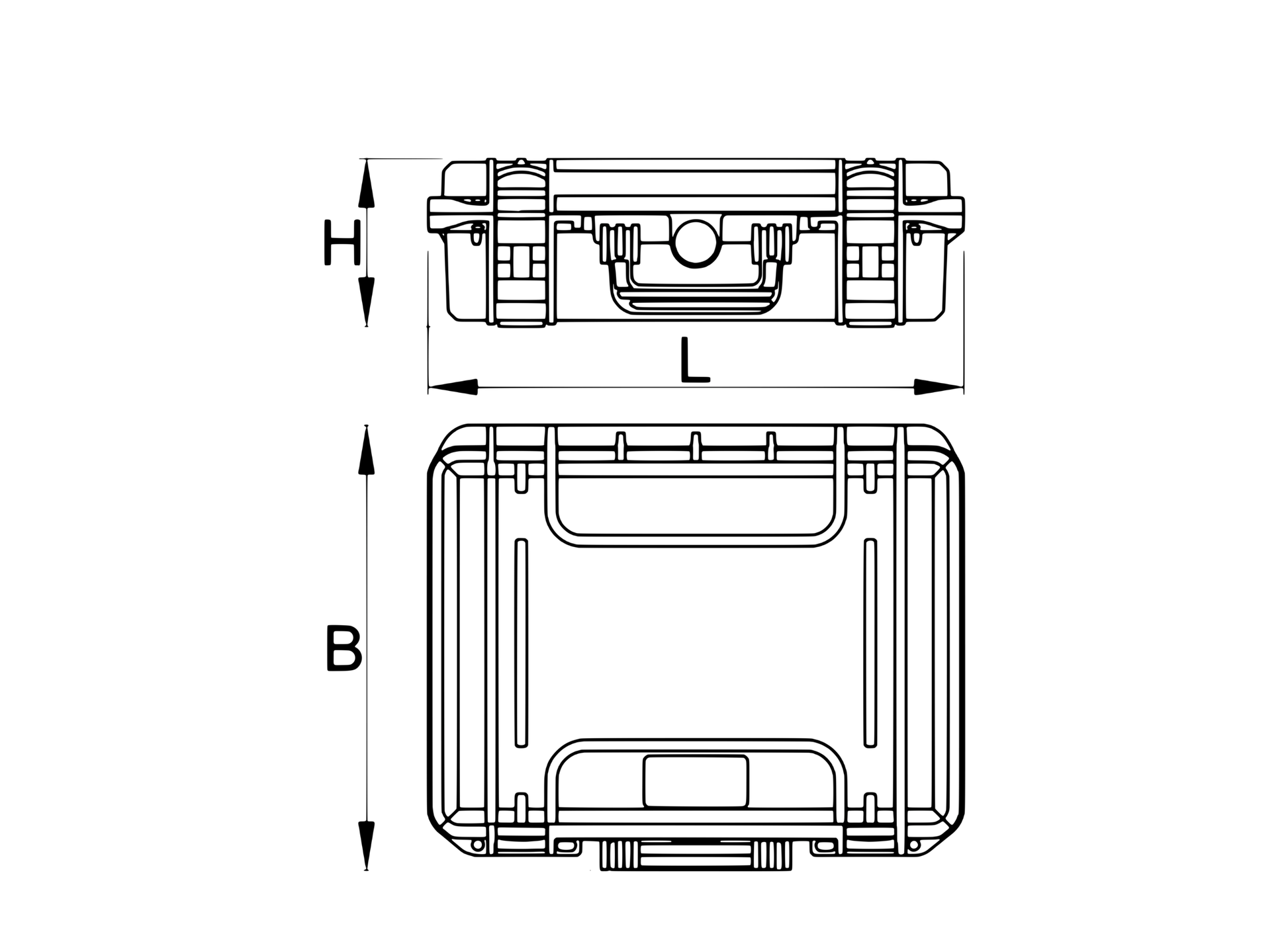 Unior Pro Kit 2.0 tool case dimension drawing, 1600PROKIT - front and top outline views of the IP67 case; L 460 x B 320 x H 180 mm