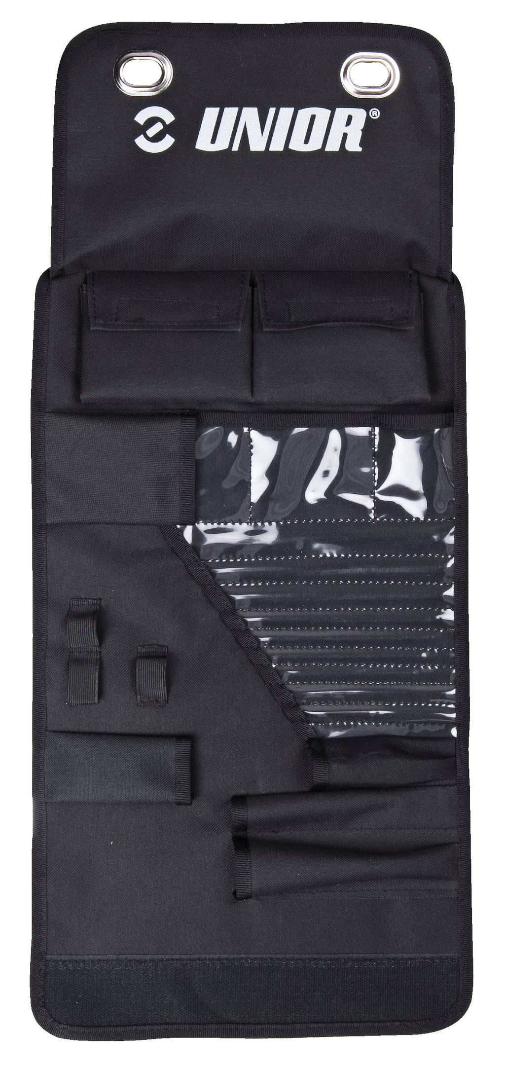 Empty Tool Wrap 970ROLL carrier for 1600WRAP-US: black coated-PU interior with clear vinyl hex-key window, elastic loops, side pockets and aluminum headrest eyelets