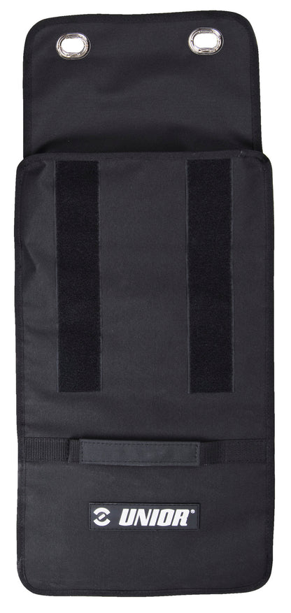 Back of the Tool Wrap 970ROLL for 1600WRAP-US: two Velcro closure straps, aluminum headrest eyelets and Unior patch