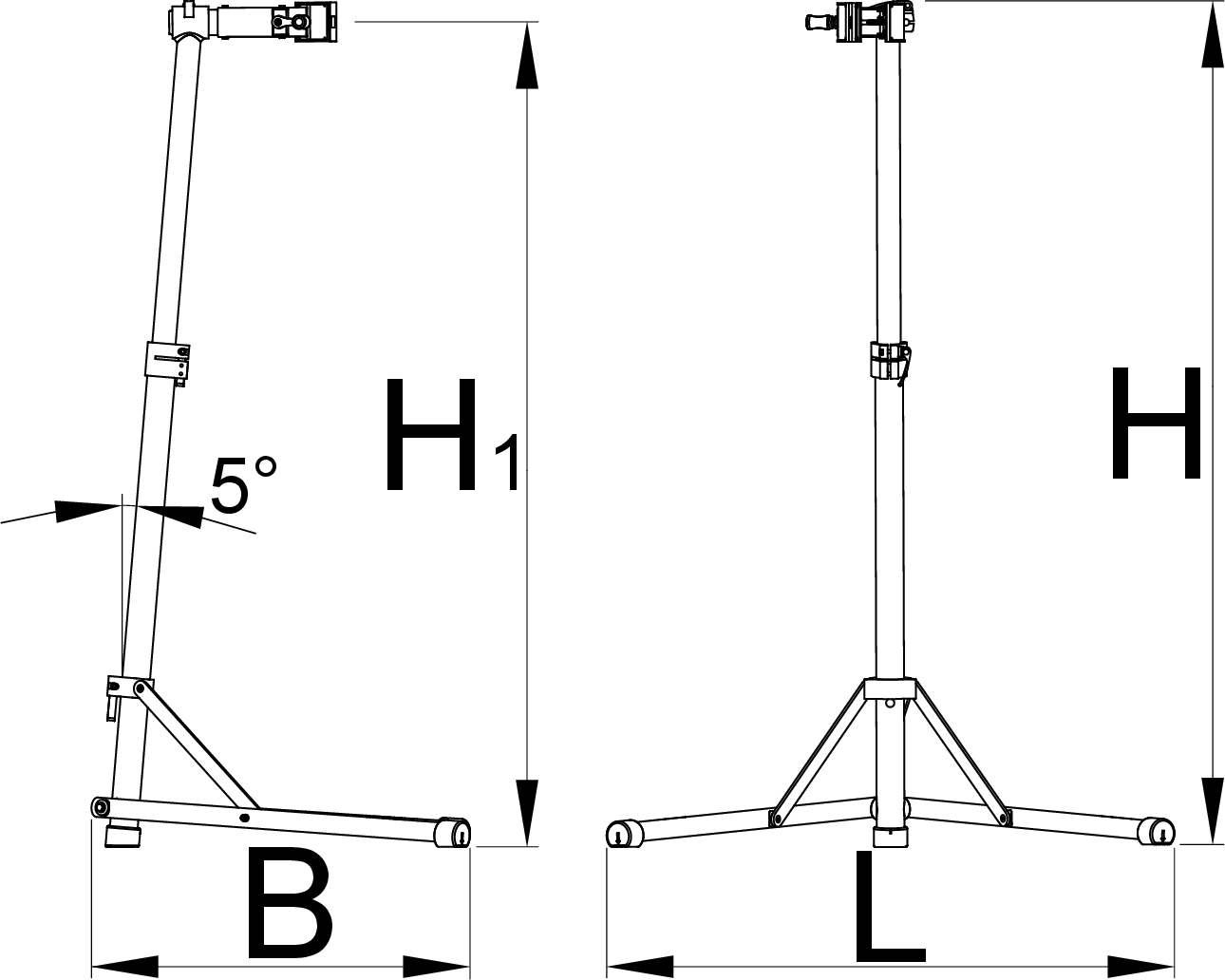 Dimension drawing of Unior BikeGator 1693AQ0 with H1, H, B and L callouts and 5 degree column tilt