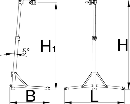 Dimension drawing of Unior BikeGator 1693AQ0 with H1, H, B and L callouts and 5 degree column tilt