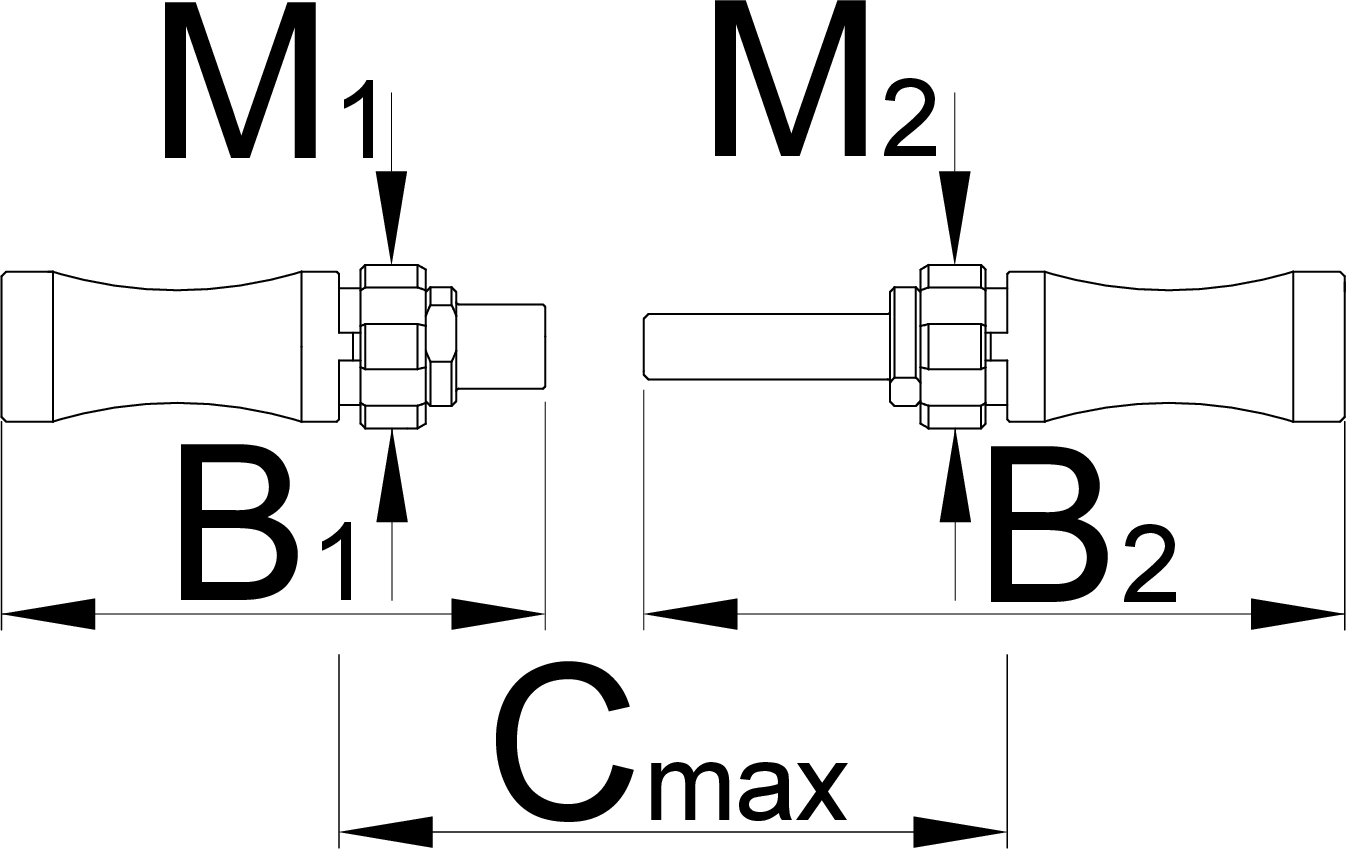 Unior 1697.3 dimension drawing of the BSA tap and adapter assemblies with M1 M2 thread and Cmax length callouts