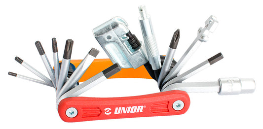 Unior Multitool EURO17 1655EURO17-US with all 17 tools fanned open: hex keys, Torx, screwdrivers, chain tool, valve core tool and spoke keys