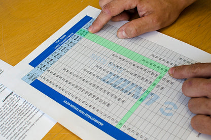 Looking up a measured value on the printed spoke tension conversion table included with the Unior 1752/2