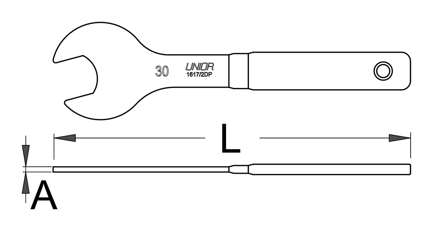 Unior 1617/2DP cone wrench dimension drawing: single-sided jaw, double-dipped handle, with overall length (L) and head-thickness (A) callouts shared across all sizes