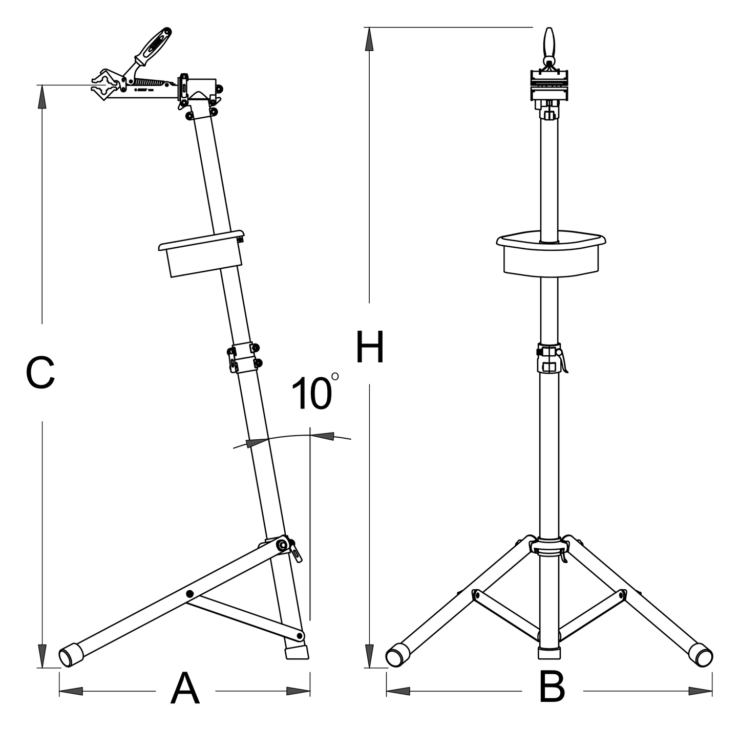 Unior BikeGator+ 1693A-US dimension drawing: side and front views with A B C H callouts and 10 degree column tilt