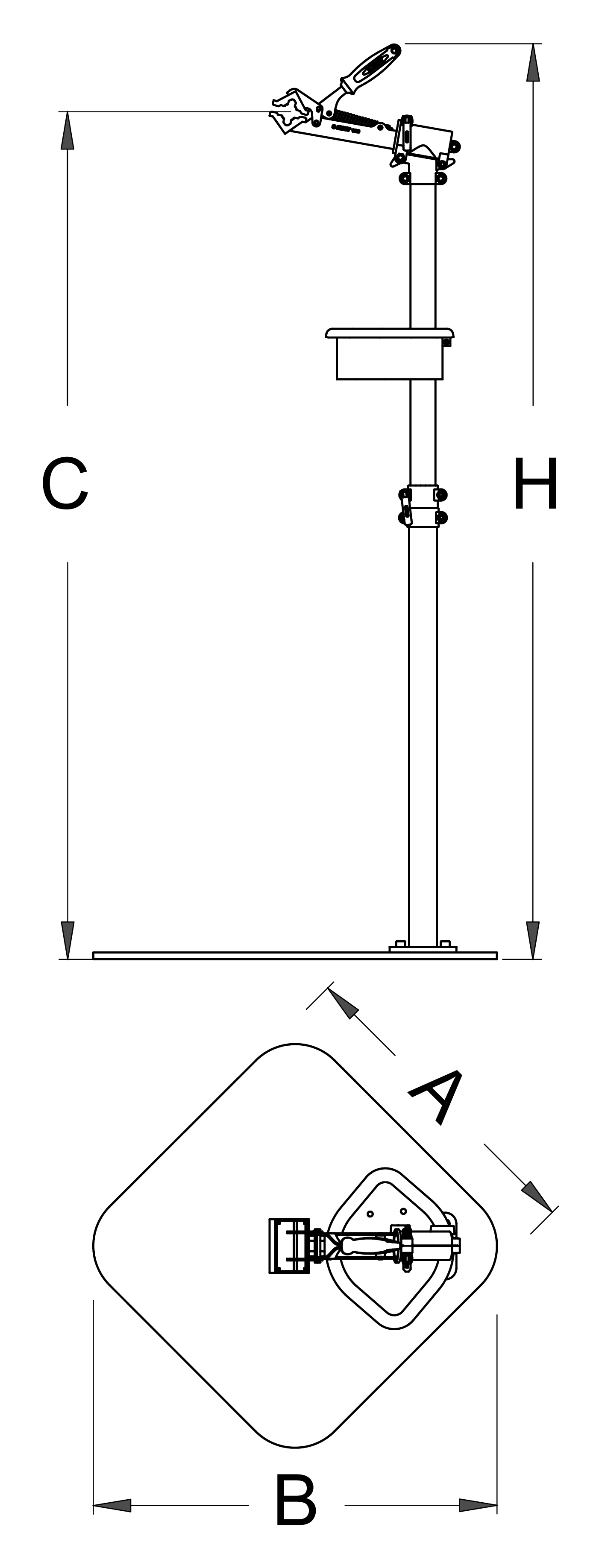 1693B-US Pro Repair Stand dimension drawing, side view with C and H height callouts and plate plan with A and B