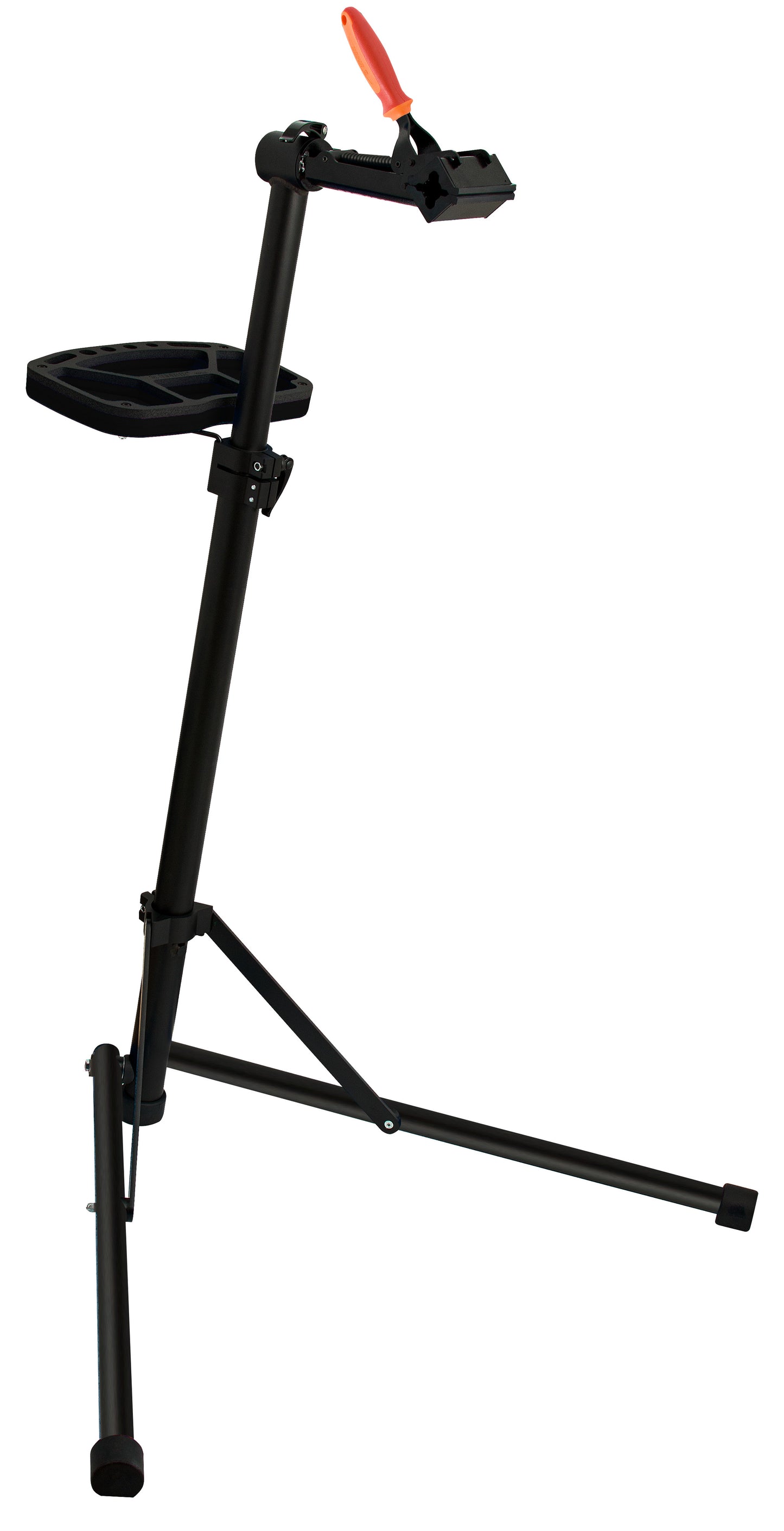 Unior BikeGator+ 1693A-US profile: folding tripod, auto-adjusting spring jaw with orange handle, metal tool tray