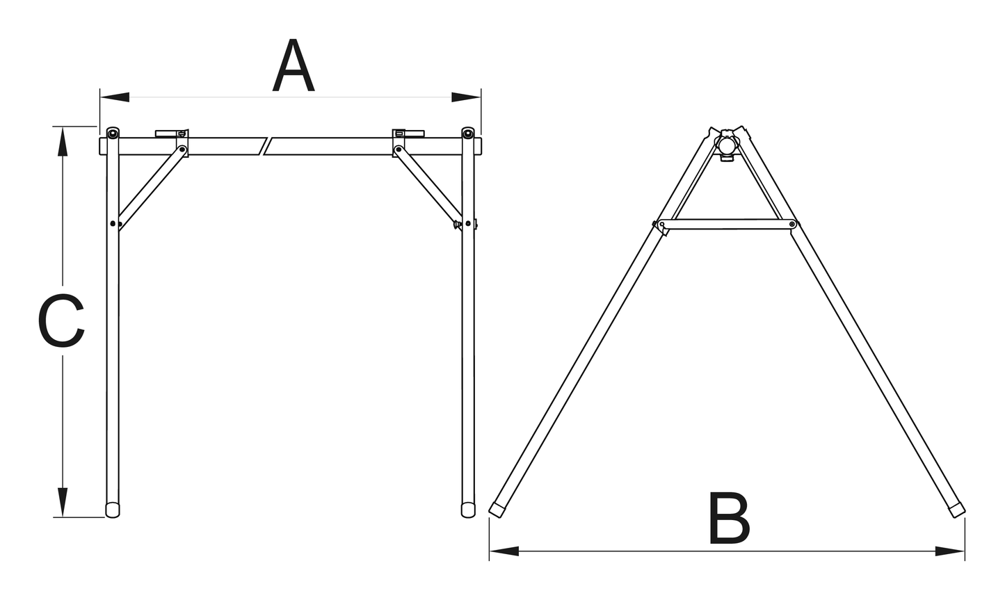 Unior Event Stand 1693F dimension drawing, front and side views with A, B and C callouts