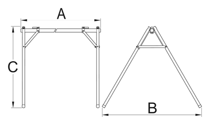 Unior Event Stand 1693F dimension drawing, front and side views with A, B and C callouts
