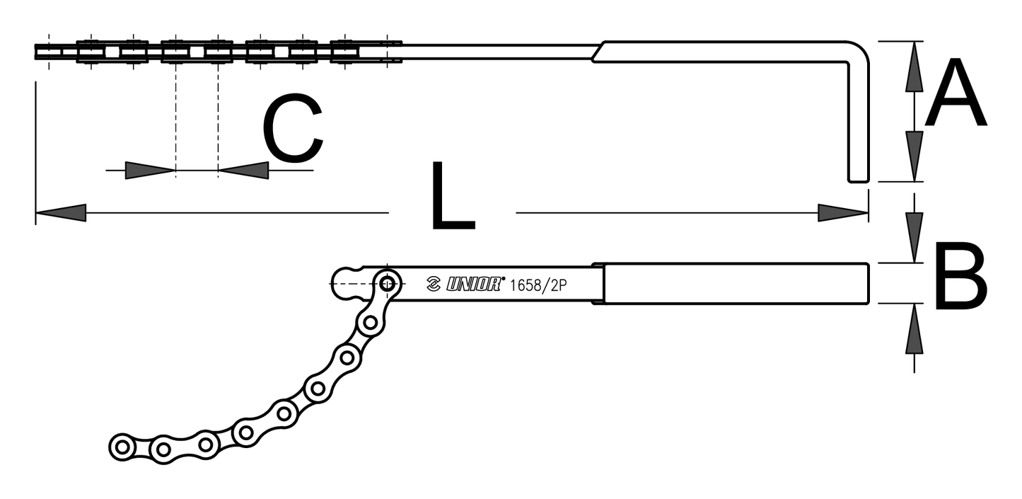 Dimension drawing of the Unior Sprocket Wear Indicator 1658/2P: 270 mm overall length, side and top views with calibrated chain segment