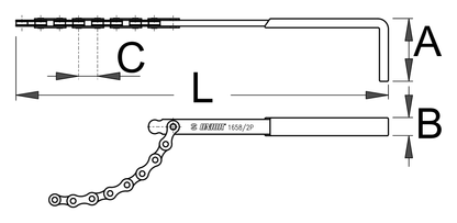 Dimension drawing of the Unior Sprocket Wear Indicator 1658/2P: 270 mm overall length, side and top views with calibrated chain segment