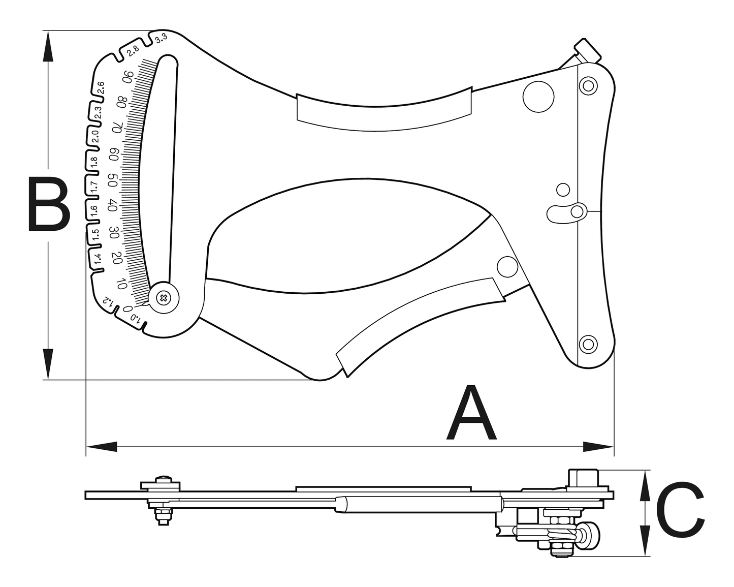 Unior Spoke Tension Meter 1752/2 dimension drawing, front and side views with A, B and C callouts, 0-90 dial arc and 1.0-3.3 mm thickness-gauge comb