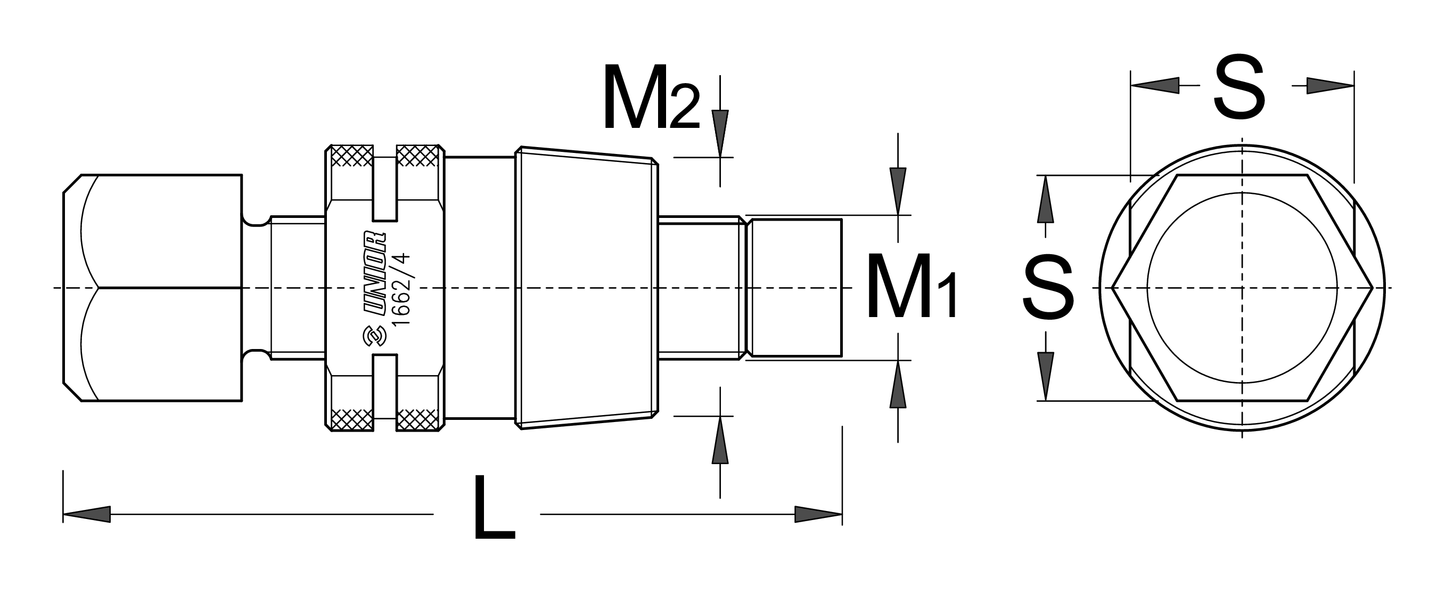 Unior 1662/4 tapered crank puller dimension drawing with M1, M2, S and L callouts
