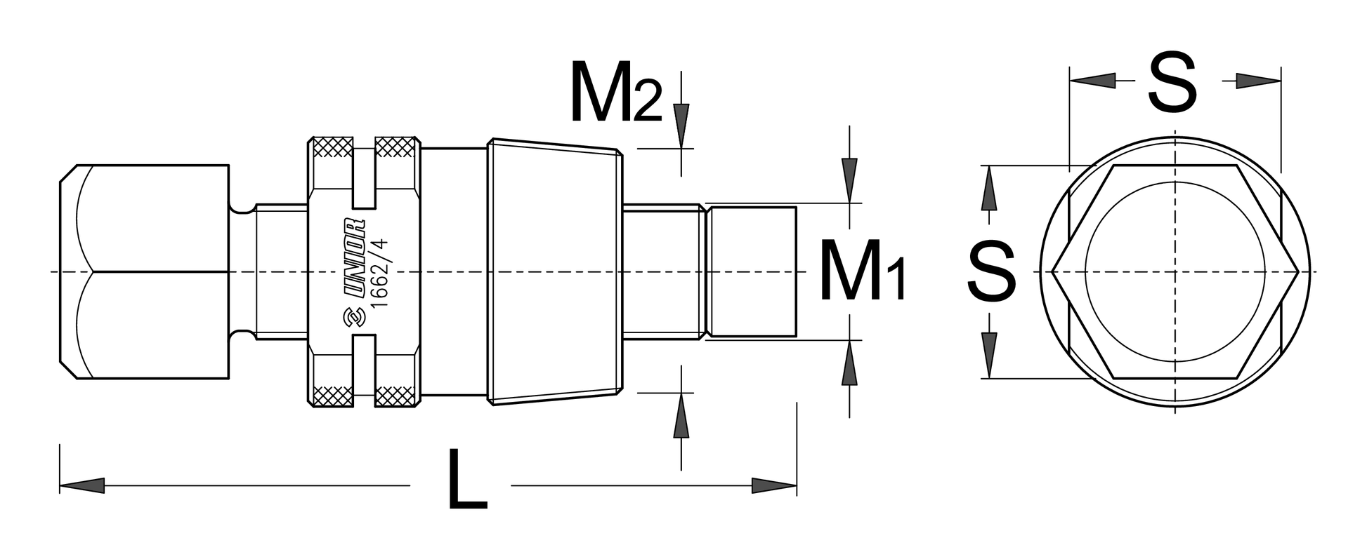 Unior 1662/4 tapered crank puller dimension drawing with M1, M2, S and L callouts