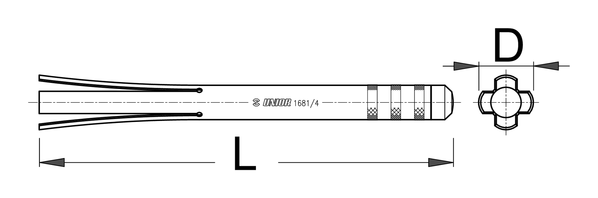 Unior 1681/4 headset cup remover dimension drawing: side view with spring flanges and cross-section, L 300 mm length and D 40 mm head diameter callouts