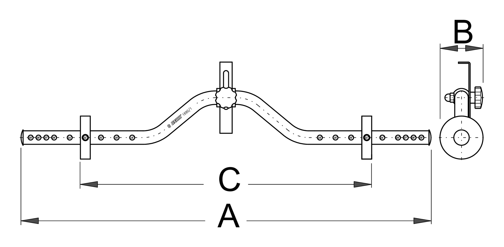 Unior Wheel Dishing Tool 1690/1 dimension drawing with A overall length, B rest height, and C slide-spacing callouts