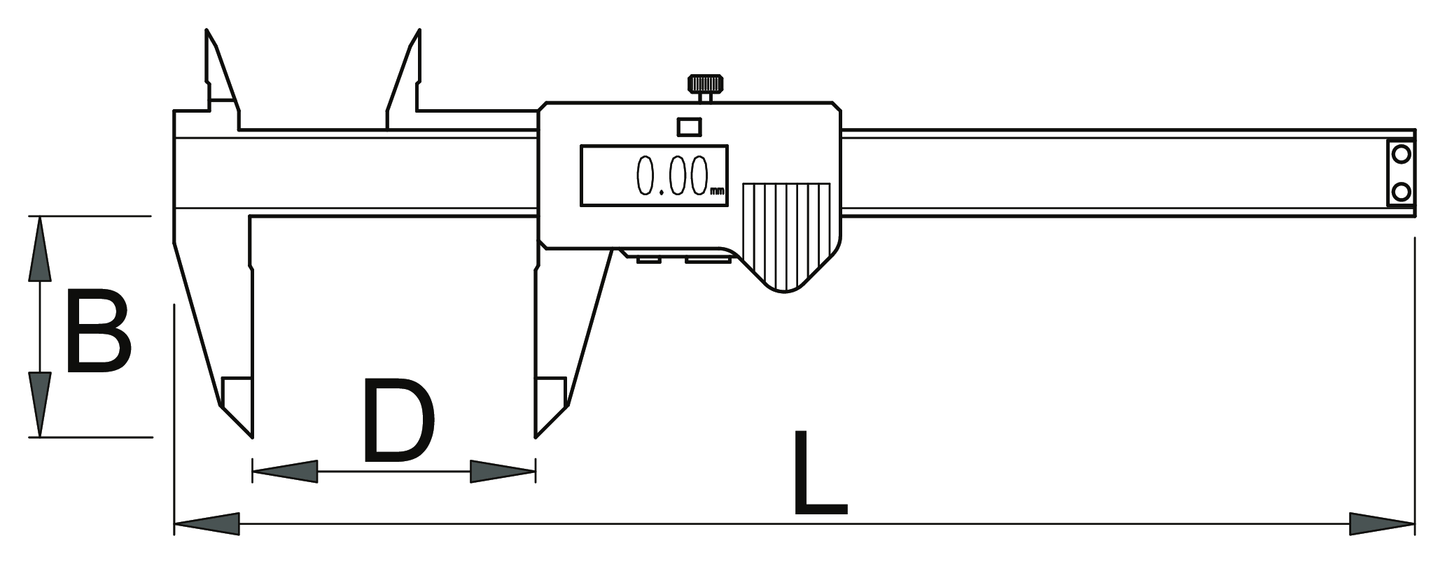 Unior 270A digital caliper dimension drawing with B jaw height, D measuring range, and L overall length callouts