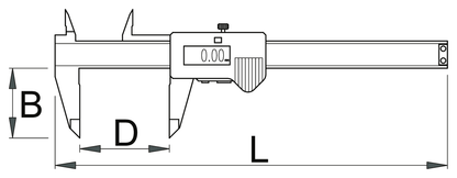 Unior 270A digital caliper dimension drawing with B jaw height, D measuring range, and L overall length callouts