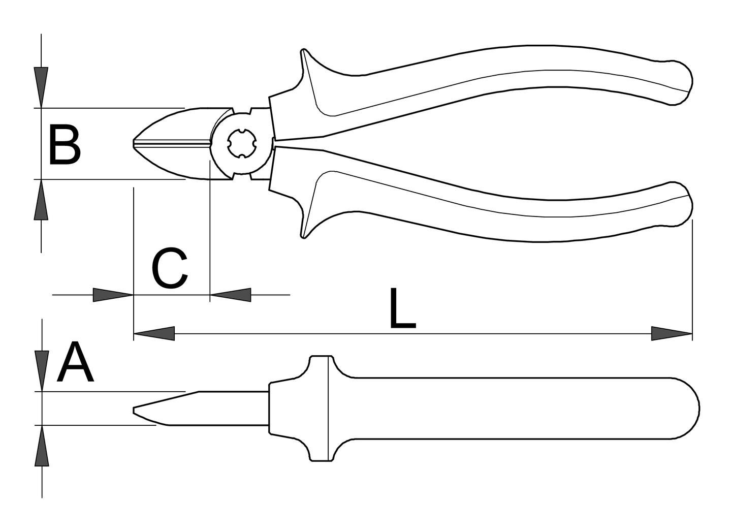 Unior 461/1VDEBI diagonal cutting nippers dimension drawing with L, B, A, and C callouts; 140 mm size is L 140, B 19, A 9.5, C 18 mm